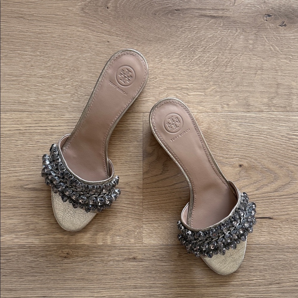 Tory Burch Beverly Metallic Gold and Black Embellished Mules